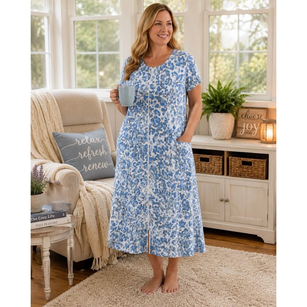 Miss Elaine Relax Blue Animal Print Zip Front Terry Lounge Robe Dress Large Soft